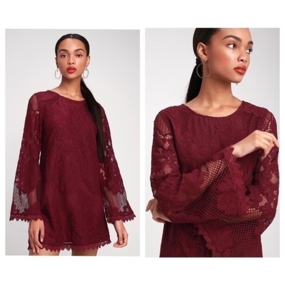 Lulu’s Can't Forget You Burgundy Lace Bell Sleeve Shift Dress - Picture 2 of 14